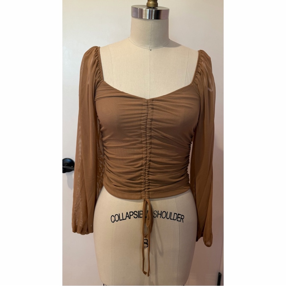 Ruched Long Sleeve Square Neck Top in Brown